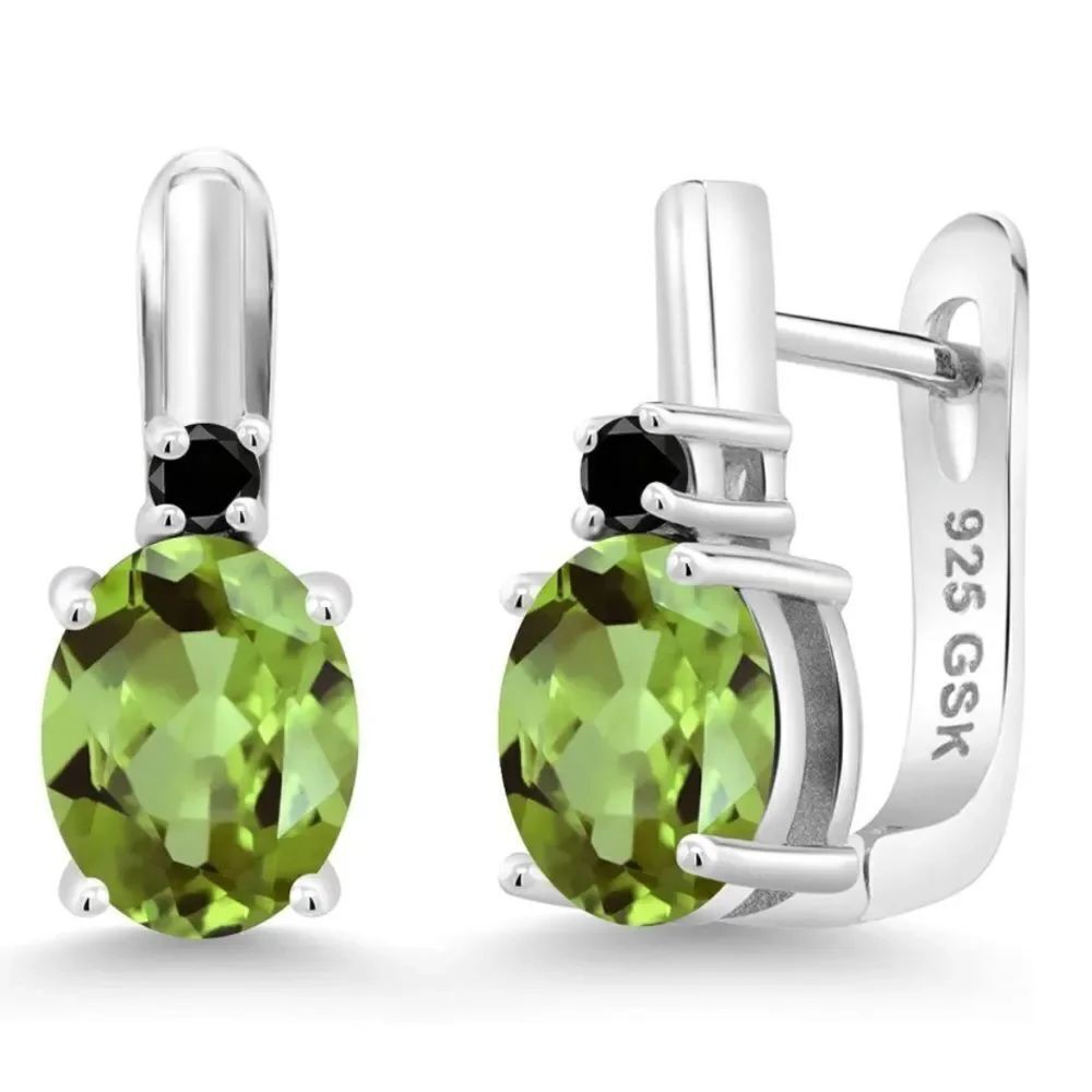 925 Sterling Silver with 2.83 Cttw Peridot and Black Diamond Oval Drop Earrings